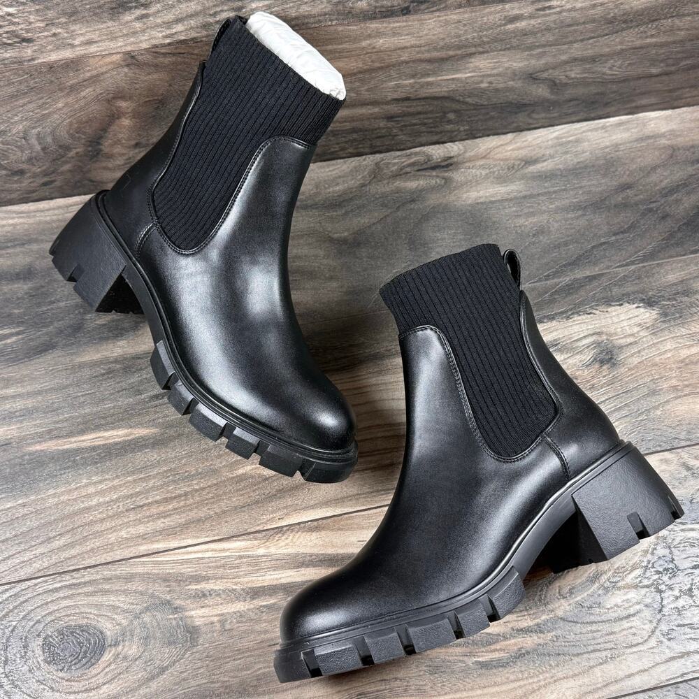 NEW Steve Madden 9.5M Hutch Stretch Lug Sole Chelsea Boots Black Faux Leather